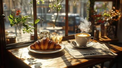 Obraz premium A cozy caf? scene featuring a croissant and a steaming cup of coffee by the window.