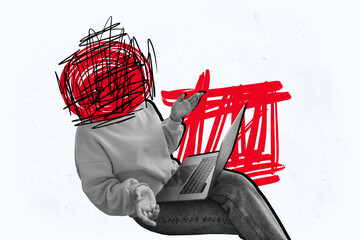 Composite photo collage of anonym girl instead head doodle dilemma challenge hold laptop device...