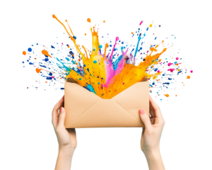 a hand holding a brown envelope with colorful paint splashing out of it