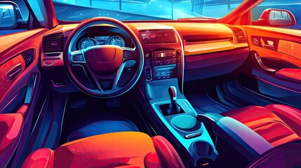 Fototapeta premium A vibrant illustration of a modern car interior, showcasing sleek controls and plush red seating.