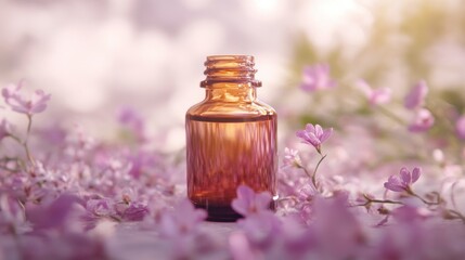 Amber glass bottle with an open neck placed among soft pink flowers in a blurred natural background