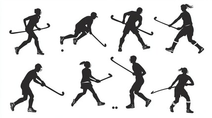 Fototapeta premium Vector Silhouette Set of Male and Female Field Hockey Athletes in Action Poses.