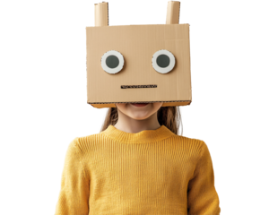 a girl wearing a cardboard box over her head