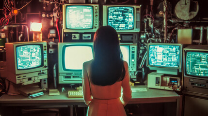 Young asian female computer programmer in retro technology room with vintage monitors