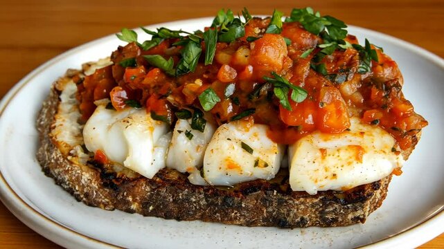 Enjoying a delicious plate of cod on toasted bread topped with fresh tomato salsa and herbs