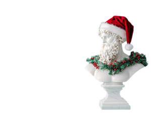 a bust of a man wearing a santa hat and garland