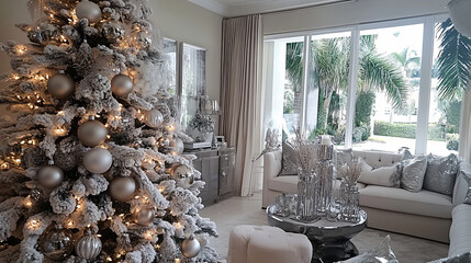 Elegant Living Room with christmas tree Neutral tones with a hint of silver and white, interior, room, furniture, home, living, sofa, house, design, table, chair, window, luxury, decor, decoration, fl