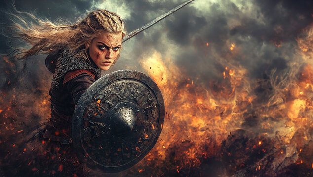 Young female viking warrior with sword and shield. Fire in background. Room for text 