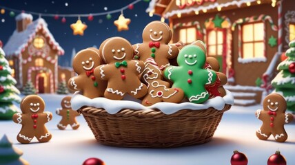 Obraz premium Festive basket of gingerbread men in snowy Christmas village setting.