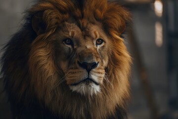 A close-up portrait of a majestic wild lion, showcasing its sharp eyes, detailed mane, and serene expression, set against a blurred green background