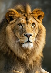 Fototapeta premium A close-up portrait of a majestic wild lion, showcasing its sharp eyes, detailed mane, and serene expression, set against a blurred green background