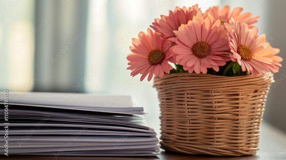 Poster A bright bouquet of pink flowers sits in a wicker basket next to neatly arranged stacks of papers on a wooden table. Soft sunlight filters through the window, creating a warm atmosphere.