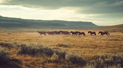 Majestic Wild Horses Running Free Across Vast Open Plains Under Cloudy Skies in Natural Harmony