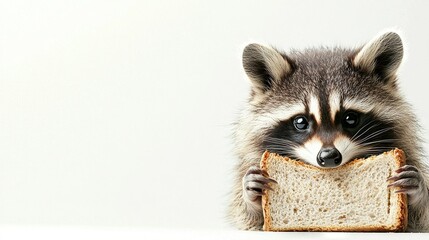 Obraz premium Raccoon peeks out of bread holding it in its mouth