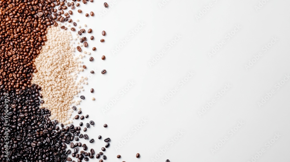 Poster coffee beans of multiple varieties are arranged on a white background, leaving ample room for notes 