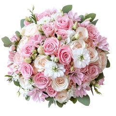 Obraz premium A stunning bouquet featuring soft pink roses, white daisies, and delicate lilies, perfect for any celebration or as a heartfelt gift. PNG on a transparent background.