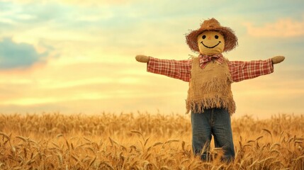 Scarecrow in farm land. Fall season decoration.