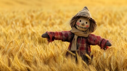 Scarecrow in farm land. Fall season decoration.