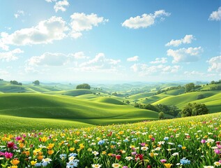 Fototapeta premium Panoramic view of a lush green meadow in the spring, green meadow, panoramic view, natural scenery, countryside scenery