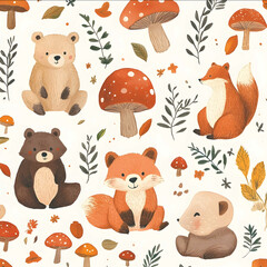 create a cottagecore pattern with cute bears fox and mushroomsar34
