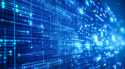 Abstract digital data network with binary code and matrix-like blue background