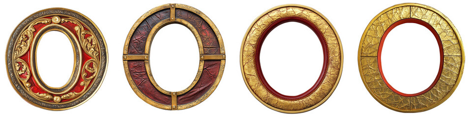 Obraz premium Alphabet O, made with gold and red leather, vintage look, Logo design, letter, isolated on a transparent background