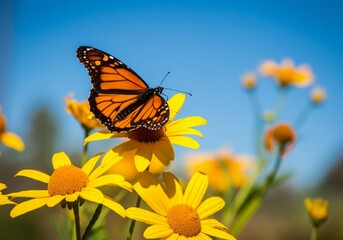 Obraz premium A vibrant butterfly with orange, black, and white wings perches delicately on an orange flower, bathed in warm backlighting, showcasing the intricate details of both the butterfly and the flower