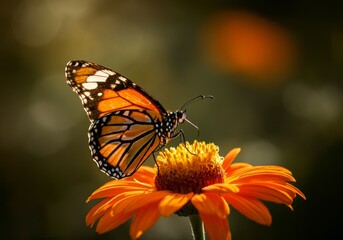 Obraz premium A vibrant butterfly with orange, black, and white wings perches delicately on an orange flower, bathed in warm backlighting, showcasing the intricate details of both the butterfly and the flower