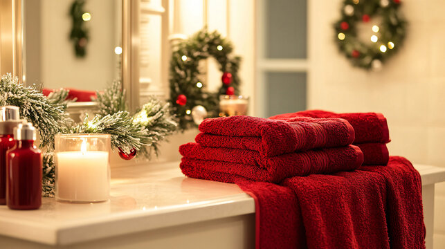Festive Bathroom Touches Red towels a christmas holiday-scented, room, interior, sofa, home, living, furniture, design, couch, house, wall, chair, lamp, table, floor, armchair, decoration, decor, apar