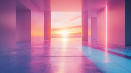 Vibrant Abstract Sunset Horizon in Futuristic Symmetrical Architecture Hallway