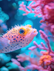 Colourful pufferfish among pink coral, illuminated by blue underwater light.