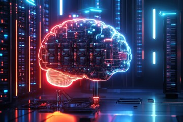 Fototapeta premium Futuristic digital ai brain inside tech datacenter. Neon light illuminates electronic neural system. Advanced computer brain structure. Modern data storage machine. Artificial intelligence concept.