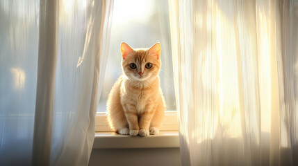 Adorable kitten sitting on a window ledge with soft sunlight filtering through curtains.