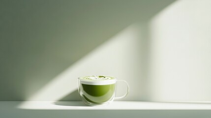 Obraz premium A person and a green tea cup sit at a table next to a shadow on the wall