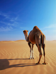 Rear view of a camel walking through golden desert.