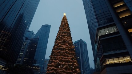 An enormous Christmas tree adorned with lights stands majestically between tall skyscrapers, capturing festive city spirit in twilight.