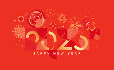 Red bright card for celebrating 2025 New Year. Banner for event with abstract golden fireworks and golden numbers on background with geometric pattern.Template for poster,flyer,web.Vector illustration