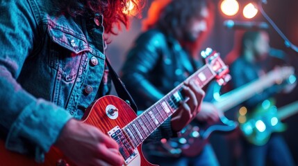 Obraz premium Close-up of guitarist playing electric guitar on stage during a live music performance.