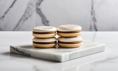 Alfajores on a marble tray, elegant mood, showcasing delicious sweet treats, minimalistic and stylish background