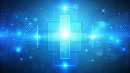 Obraz premium Digital Abstract Cross with Glowing Light, Blue Background, Geometric Shapes, Technology, Sci-fi , abstract , design