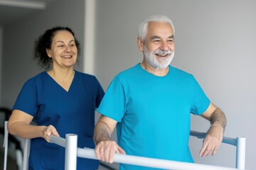 A smiling physiotherapist assists a senior man during an exercise session, promoting health and recovery in a bright, welcoming clinic.