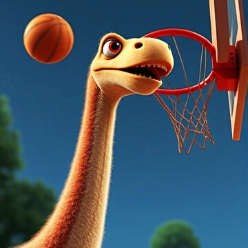 Basketball-Brachio: A tall brachiosaurus dunking the ball into the hoop with its long neck.
