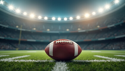 American football on a field with stadium lights in the background