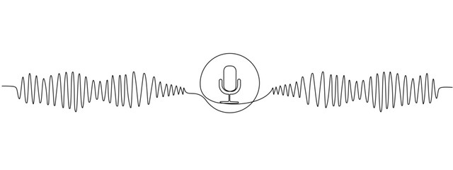 One continuous editable linear music player soundbar template with microphone button.   Sound wave, podcast in line art style. Vector illustration