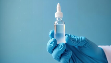 Human hand in blue latex gloves holds bottle with eye drops or nose spray. Medicine is transparent in glass or plastic bottle. New drug is in doctor hand