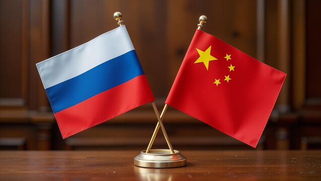 National flags of Russia and China on wooden table. Friendship and mutually beneficial cooperation between Russian Federation and People's Republic of China. Country symbols in close-up