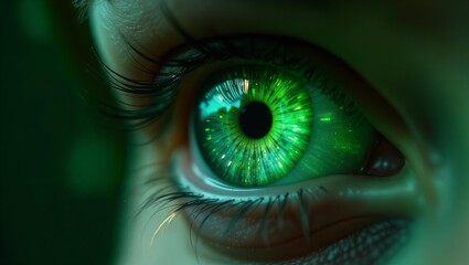 Obraz premium Fantastic green female eye. Luminous emerald-colored pupil in close-up. Magical look. Macro