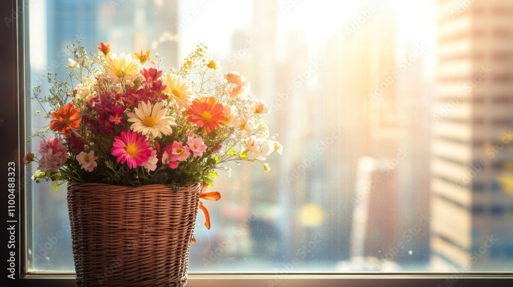 Poster a beautiful basket filled with vibrant flowers is positioned on a windowsill, capturing sunlight and