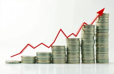Stacks of coins and red up arrow. Visual graph of profit growth. Increase in income or expenses