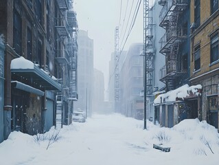 A deserted city under a thick layer of snow